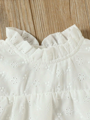 Baby Eyelet Embroidery Frill Neck Ruffle Trim Flounce Sleeve Blouse