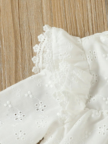 Baby Eyelet Embroidery Frill Neck Ruffle Trim Flounce Sleeve Blouse