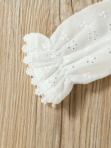 Baby Eyelet Embroidery Frill Neck Ruffle Trim Flounce Sleeve Blouse