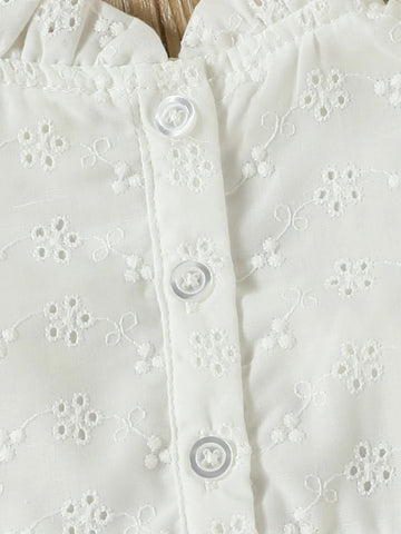 Baby Eyelet Embroidery Frill Neck Ruffle Trim Flounce Sleeve Blouse
