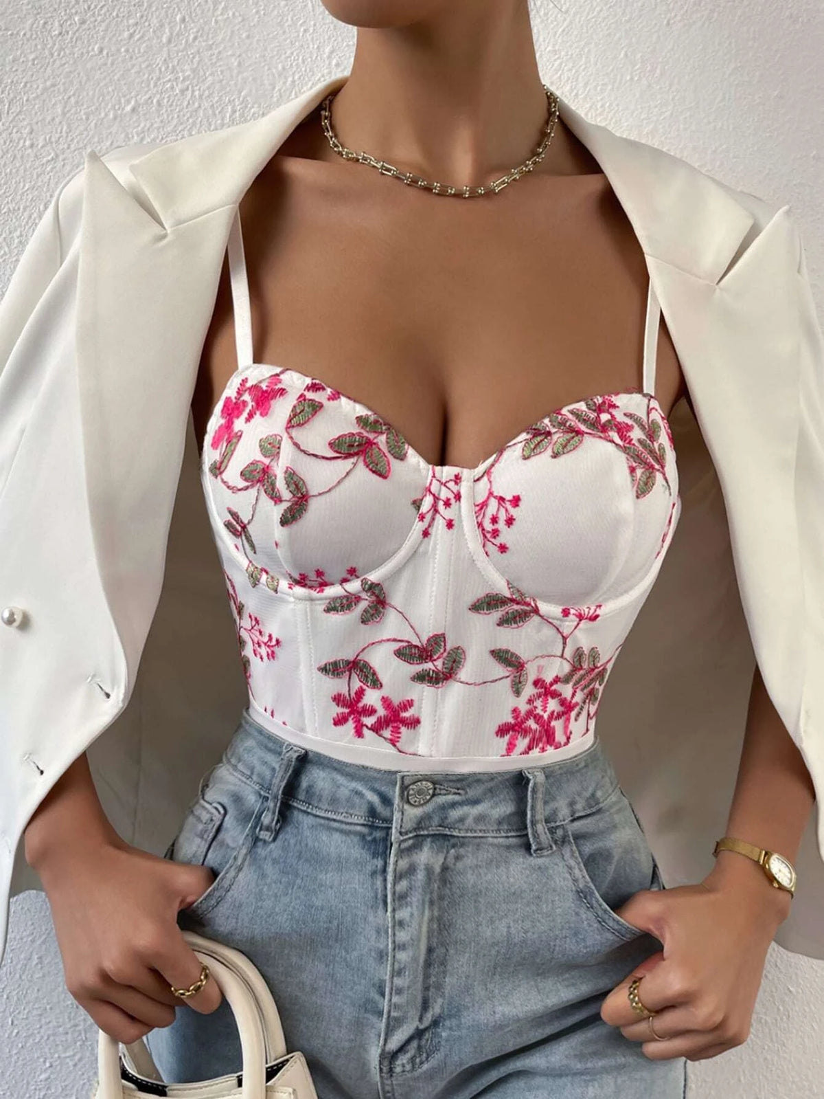 Floral Embroidery Bustier Cami Bodysuit