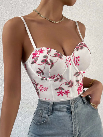 Floral Embroidery Bustier Cami Bodysuit