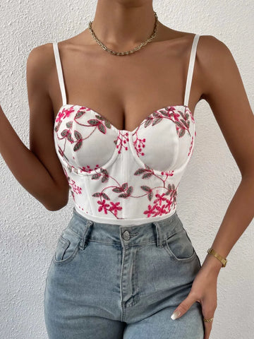 Floral Embroidery Bustier Cami Bodysuit