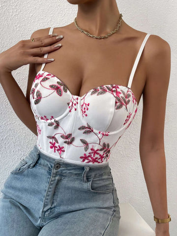 Floral Embroidery Bustier Cami Bodysuit