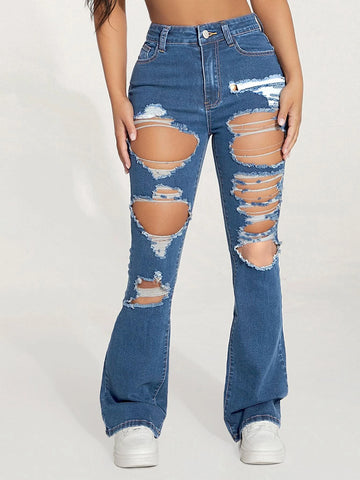 PETITE High Waist Ripped Flare Leg Jeans