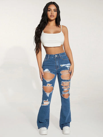 PETITE High Waist Ripped Flare Leg Jeans