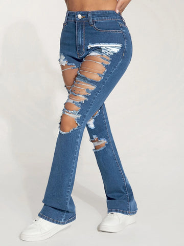PETITE High Waist Ripped Flare Leg Jeans