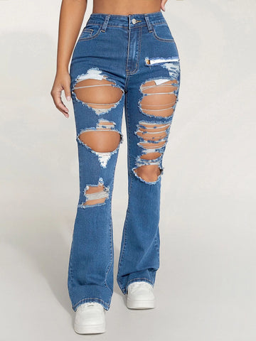 PETITE High Waist Ripped Flare Leg Jeans