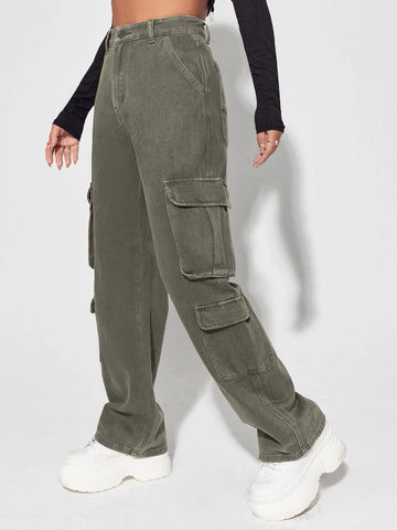 High Waisted Flap Pocket Cargo Jeans