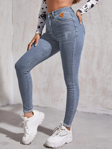 High Waist Patch Detail Skinny Jeans