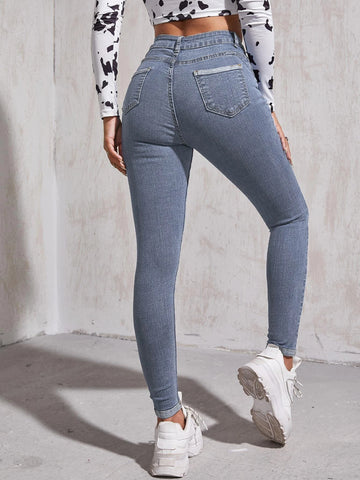 High Waist Patch Detail Skinny Jeans