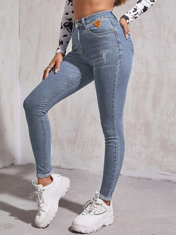 High Waist Patch Detail Skinny Jeans