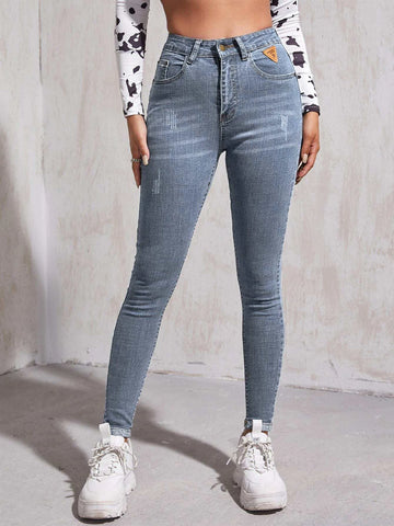 High Waist Patch Detail Skinny Jeans