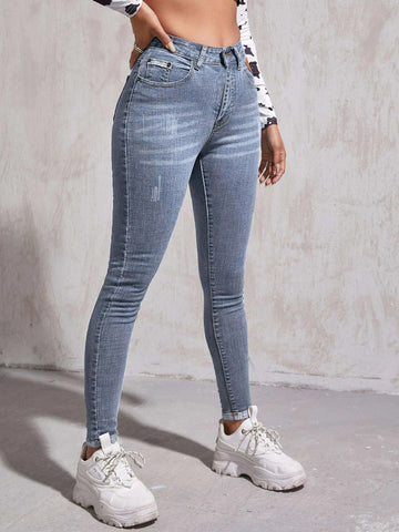 High Waist Patch Detail Skinny Jeans