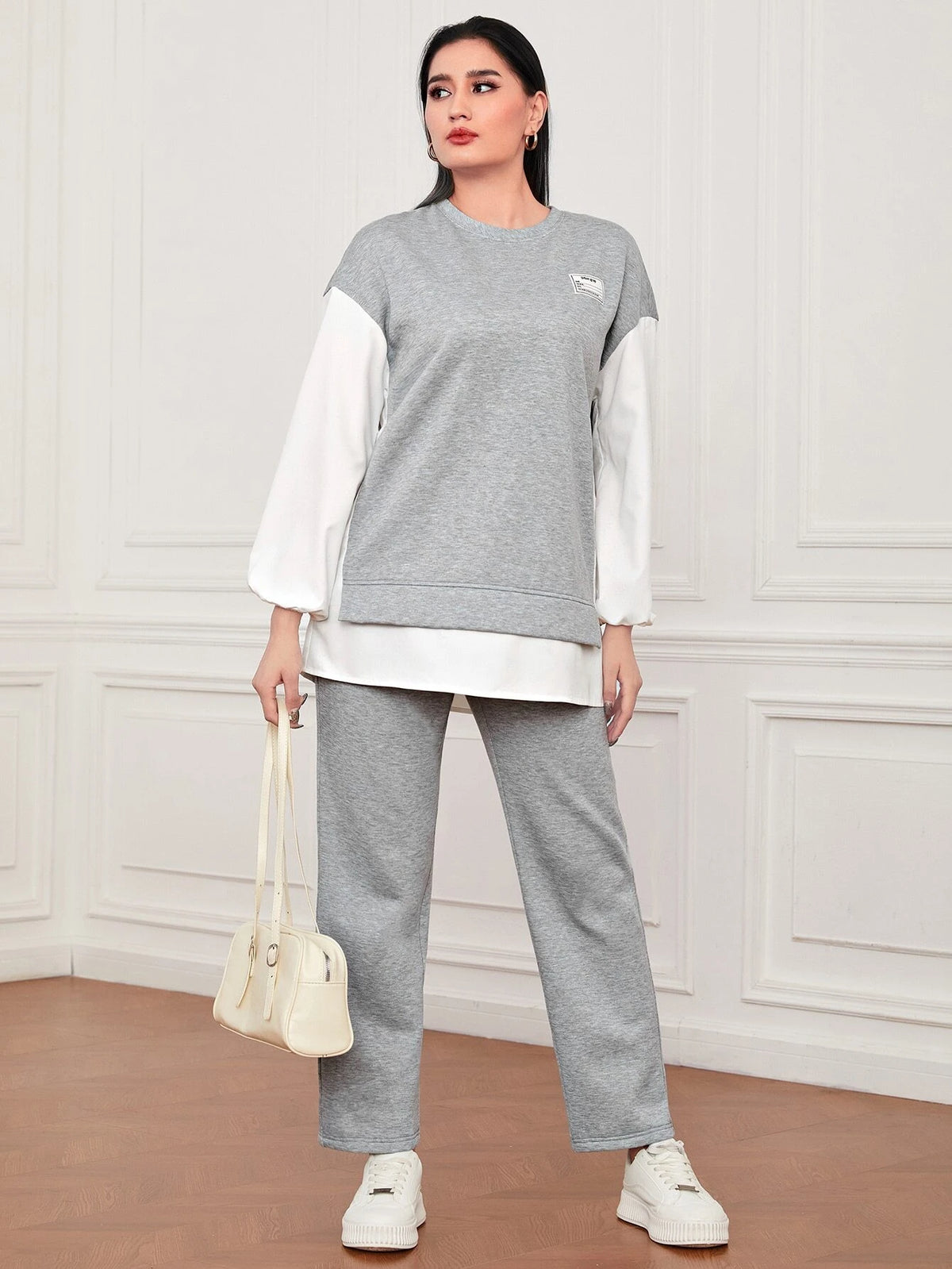 Letter Patched Drop Shoulder 2 In 1 Sweatshirt & Pants
