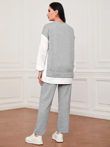 Letter Patched Drop Shoulder 2 In 1 Sweatshirt & Pants