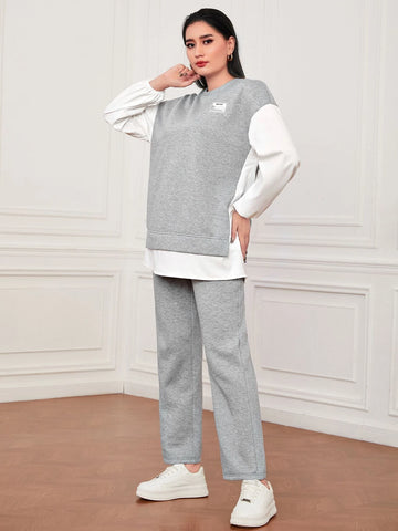 Letter Patched Drop Shoulder 2 In 1 Sweatshirt & Pants