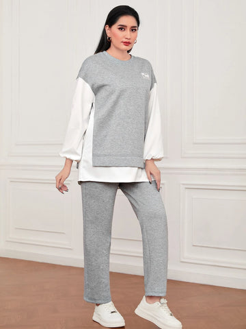 Letter Patched Drop Shoulder 2 In 1 Sweatshirt & Pants