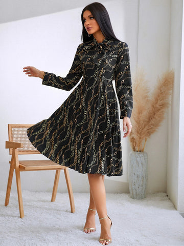 Chain Print Tie Neck Pleated Hem A-line Dress