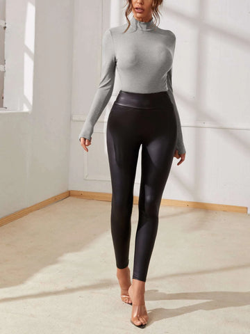 SXY Solid Mock Neck Rib-knit Bodysuit