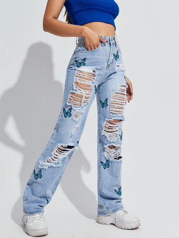 Butterfly Print Ripped Straight Jeans