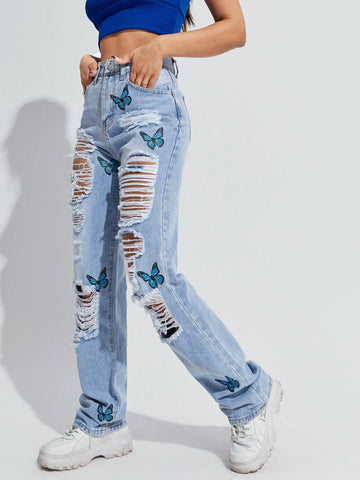 Butterfly Print Ripped Straight Jeans