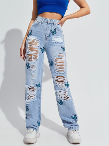 Butterfly Print Ripped Straight Jeans