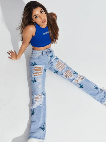Butterfly Print Ripped Straight Jeans