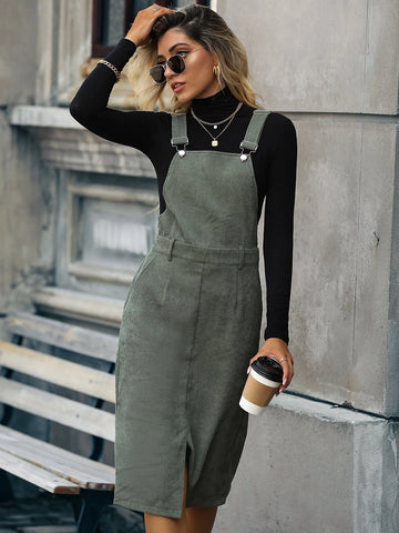 Slit Front Corduroy Overall Dress Without Sweater