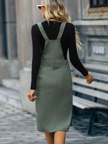 Slit Front Corduroy Overall Dress Without Sweater