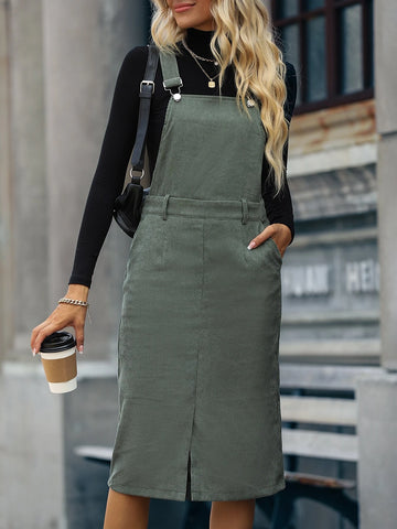 Slit Front Corduroy Overall Dress Without Sweater