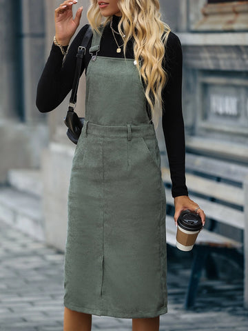 Slit Front Corduroy Overall Dress Without Sweater
