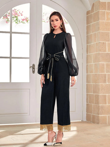 Modely Keyhole Neck Lantern Sleeve Fringe Hem Belted Jumpsuit
