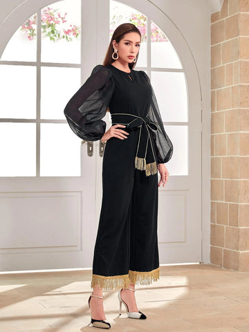 Modely Keyhole Neck Lantern Sleeve Fringe Hem Belted Jumpsuit