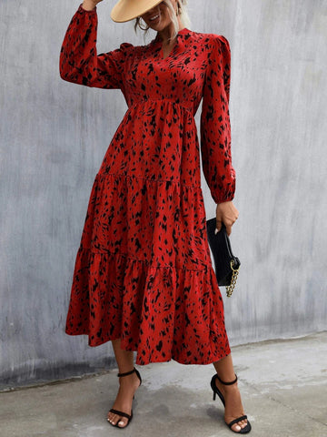 Allover Print Puff Sleeve Ruffle Hem Dress