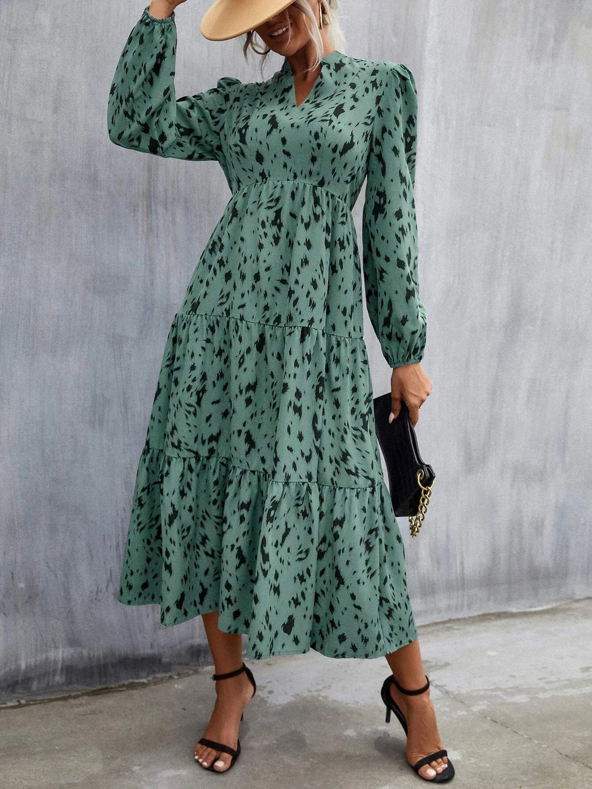 Allover Print Puff Sleeve Ruffle Hem Dress