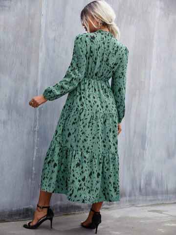 Allover Print Puff Sleeve Ruffle Hem Dress