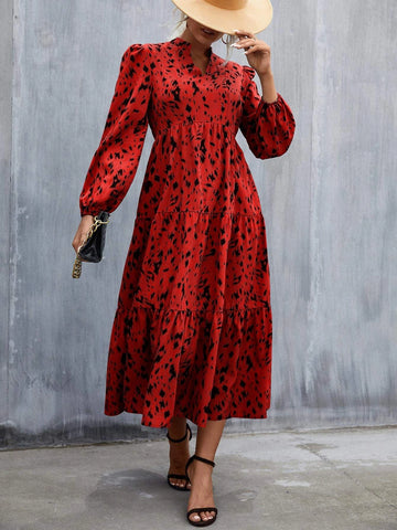 Allover Print Puff Sleeve Ruffle Hem Dress