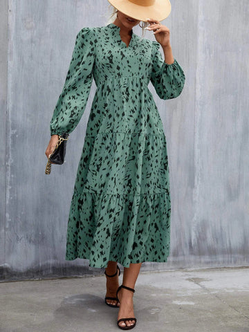 Allover Print Puff Sleeve Ruffle Hem Dress