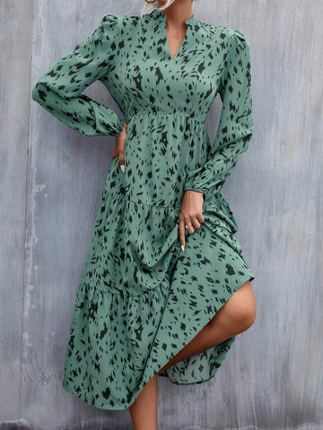 Allover Print Puff Sleeve Ruffle Hem Dress