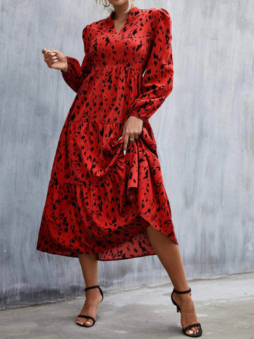 Allover Print Puff Sleeve Ruffle Hem Dress