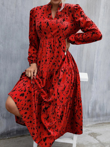 Allover Print Puff Sleeve Ruffle Hem Dress