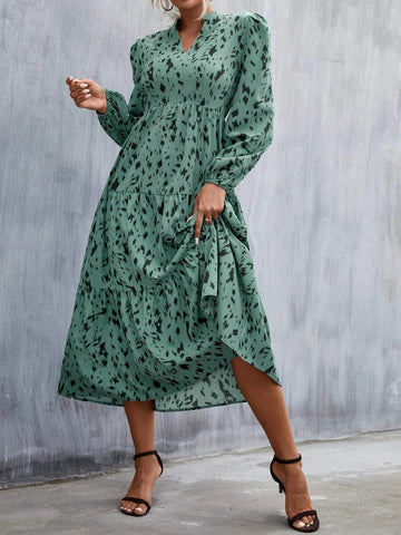 Allover Print Puff Sleeve Ruffle Hem Dress