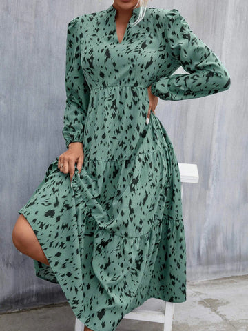 Allover Print Puff Sleeve Ruffle Hem Dress