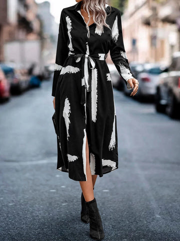 Graphic Print Belted Shirt Dress
