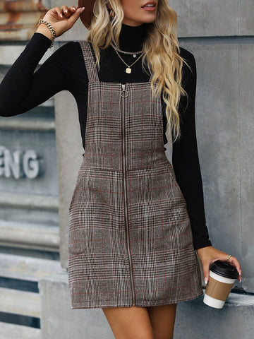 Zip Up Plaid Overall Dress