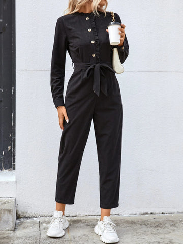 Solid Button Front Belted Shirt Jumpsuit