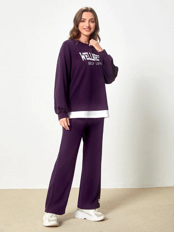 Letter Graphic Drop Shoulder 2 In 1 Pullover & Letter Patched Sweatpants