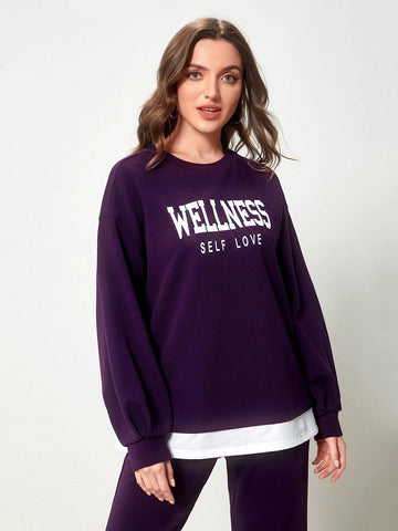 Letter Graphic Drop Shoulder 2 In 1 Pullover & Letter Patched Sweatpants