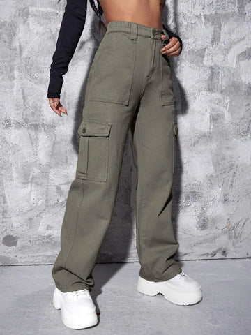 High Waist Flap Pocket Wide Leg Jeans